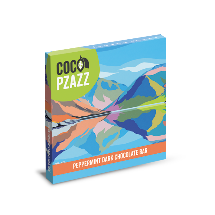 Coco Pzazz peppermint dark chocolate bar packaging with colorful mountain design