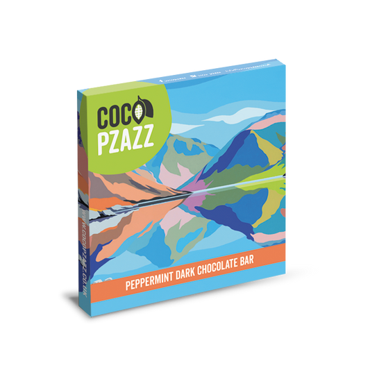 Coco Pzazz peppermint dark chocolate bar packaging with colorful mountain design