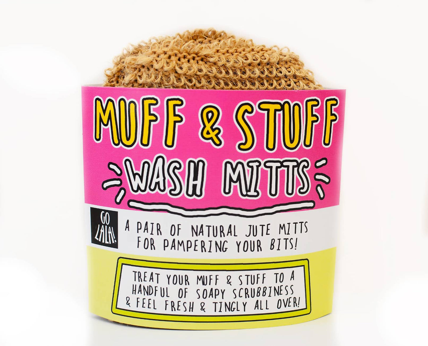 Muff & Stuff wash mitts packaging with a pink and yellow label on a white background