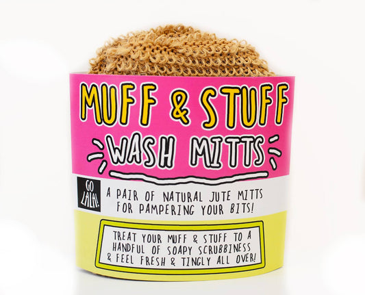 Muff & Stuff wash mitts packaging with a pink and yellow label on a white background