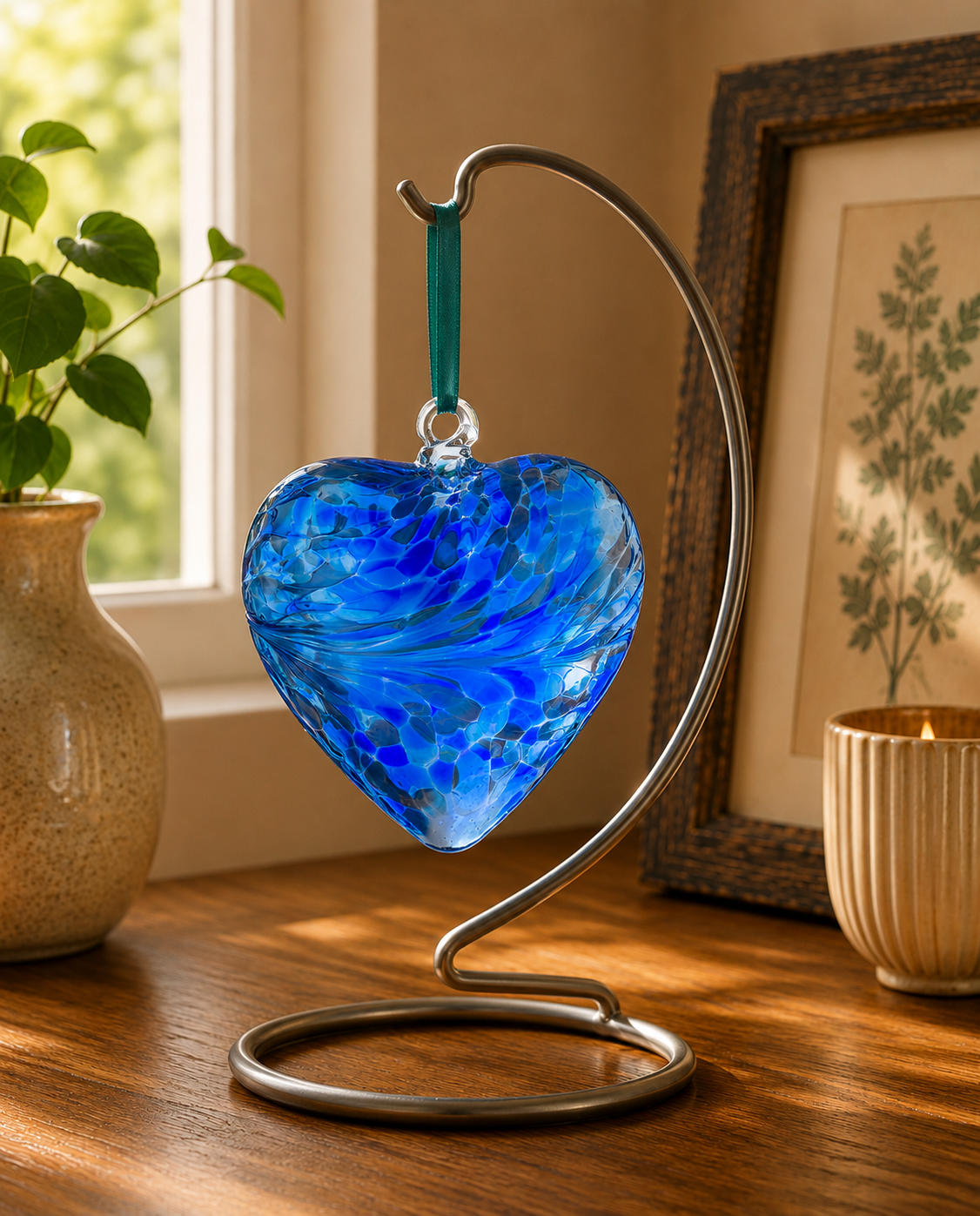 Blue glass heart ornament on a metal stand in a home setting