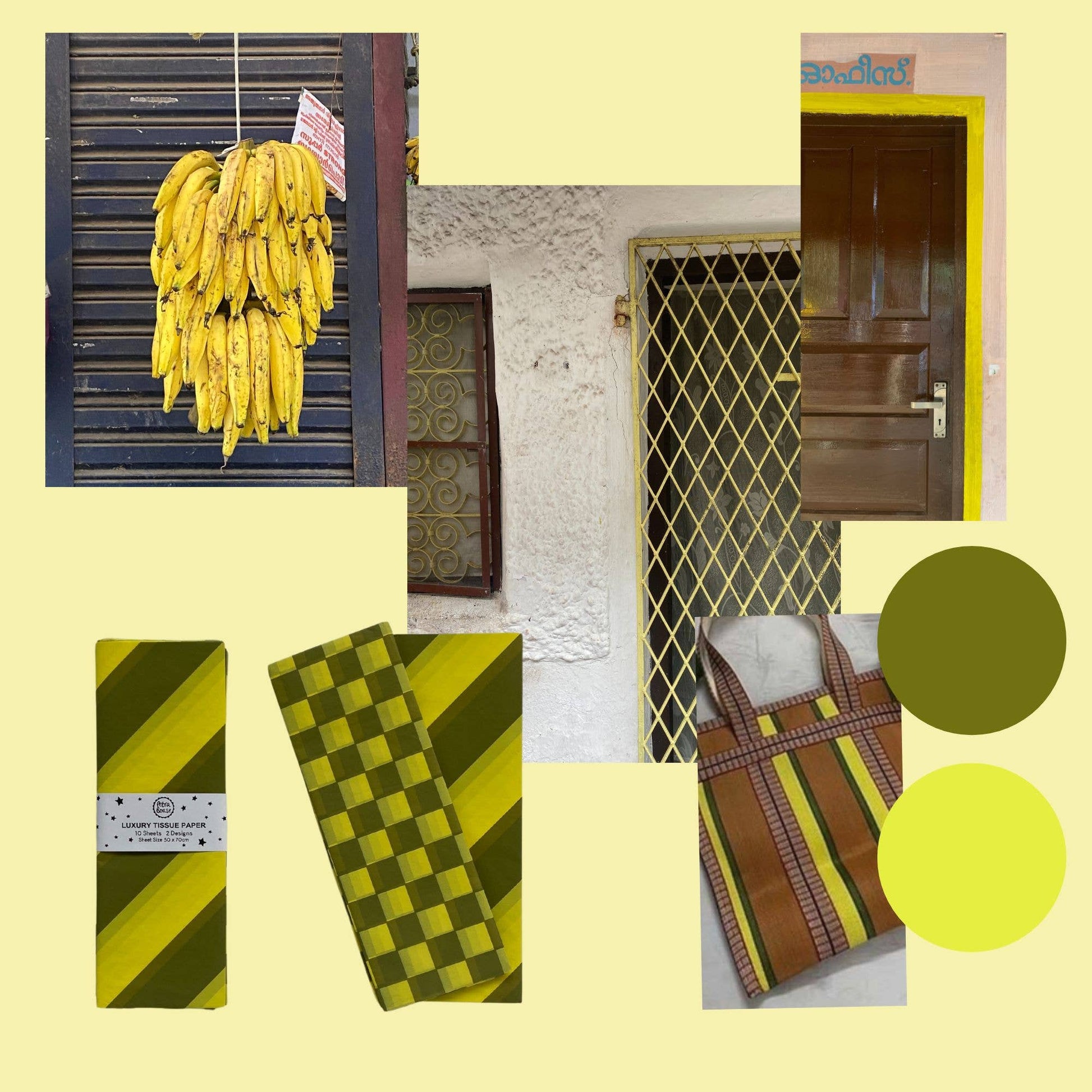 Collage of yellow and green patterns with a door and banana bunch on a light yellow background