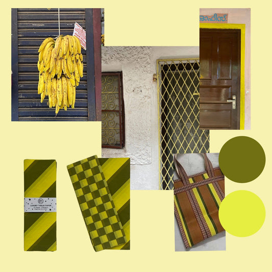 Collage of yellow and green patterns with a door and banana bunch on a light yellow background
