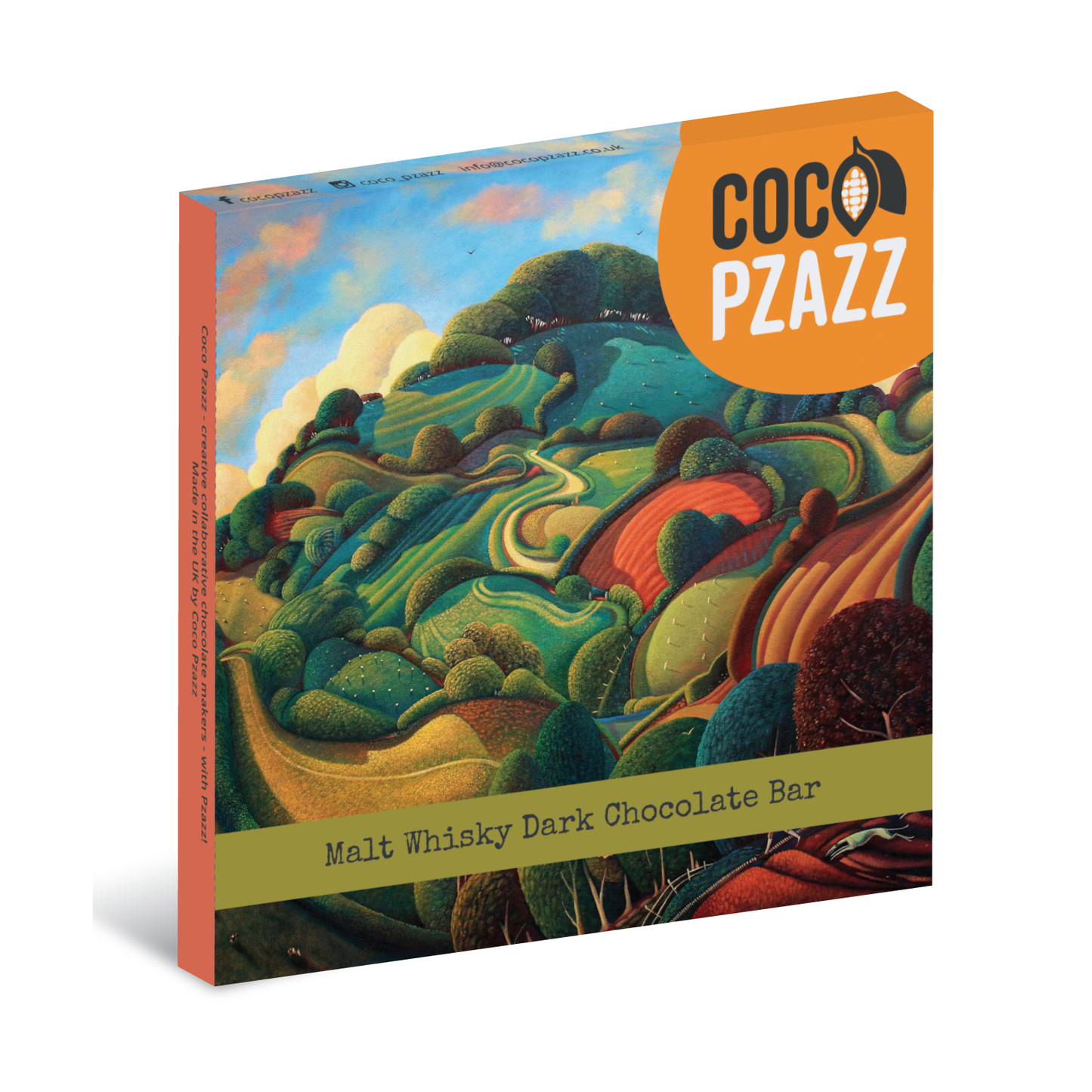 Coco Pzazz chocolate bar packaging with a colorful landscape design