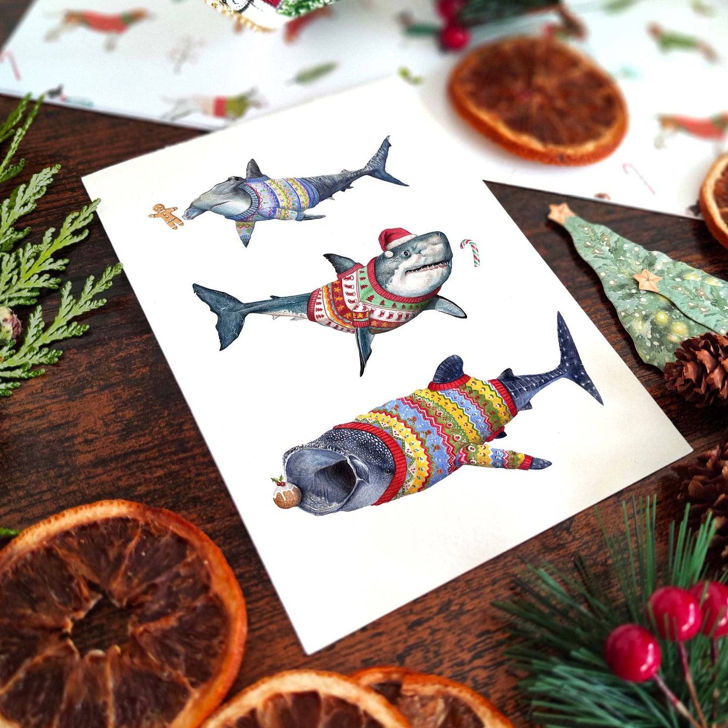 Sharks In Jumpers Christmas card | Aquarium Sea Life Cards