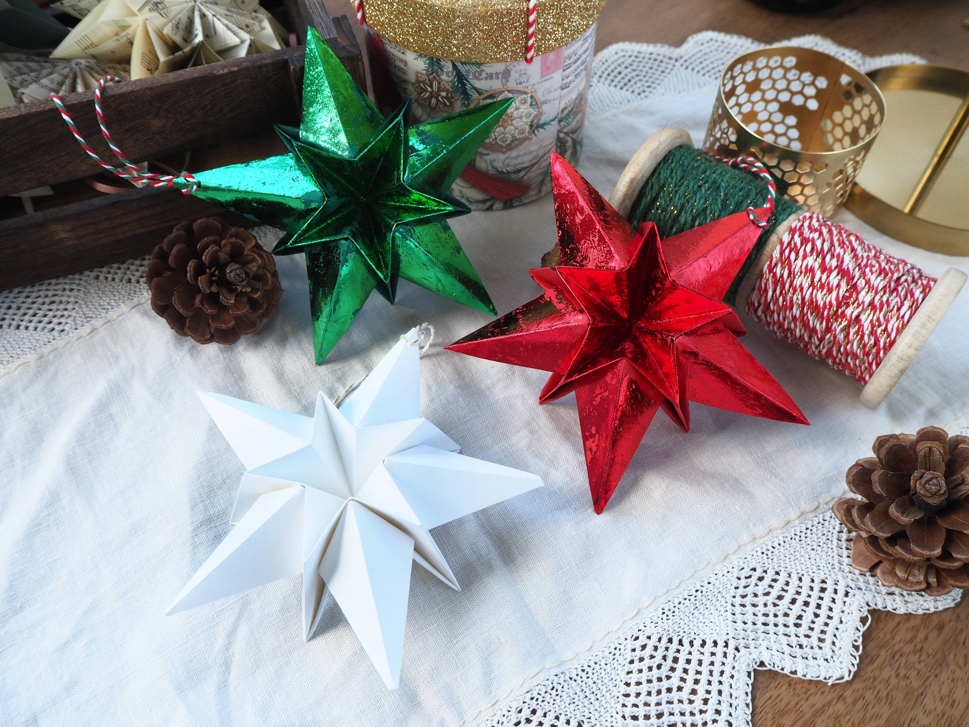 Origami Metallic Paper Star Decoration in red or green.