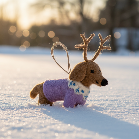 Toy dog with antlers in a purple sweater standing on snow