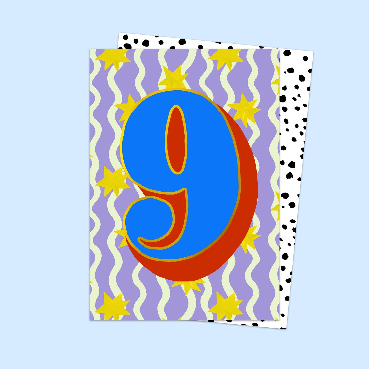 Card with the number 9 on a purple background with stars and wavy lines