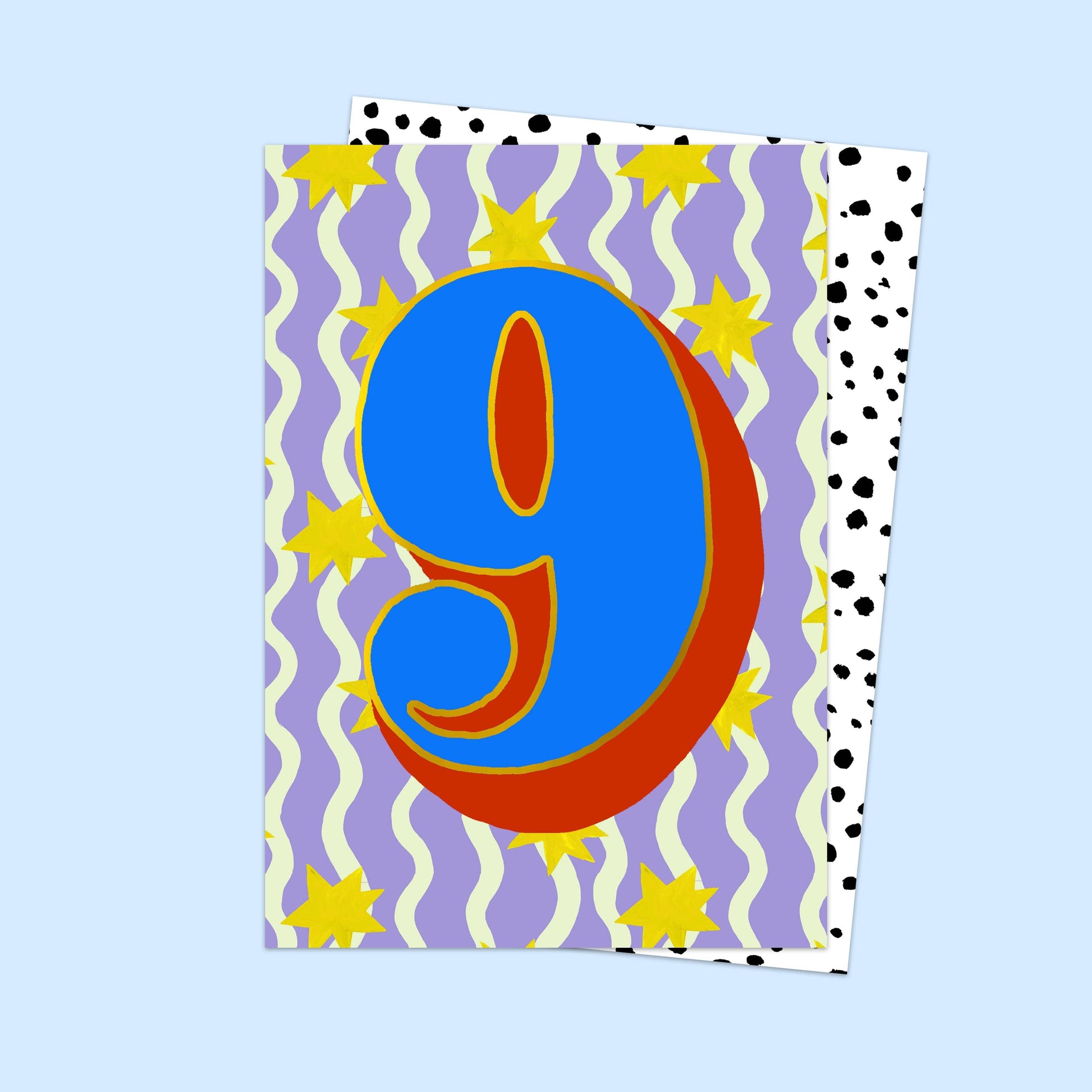 Card with the number 9 on a purple background with stars and wavy lines