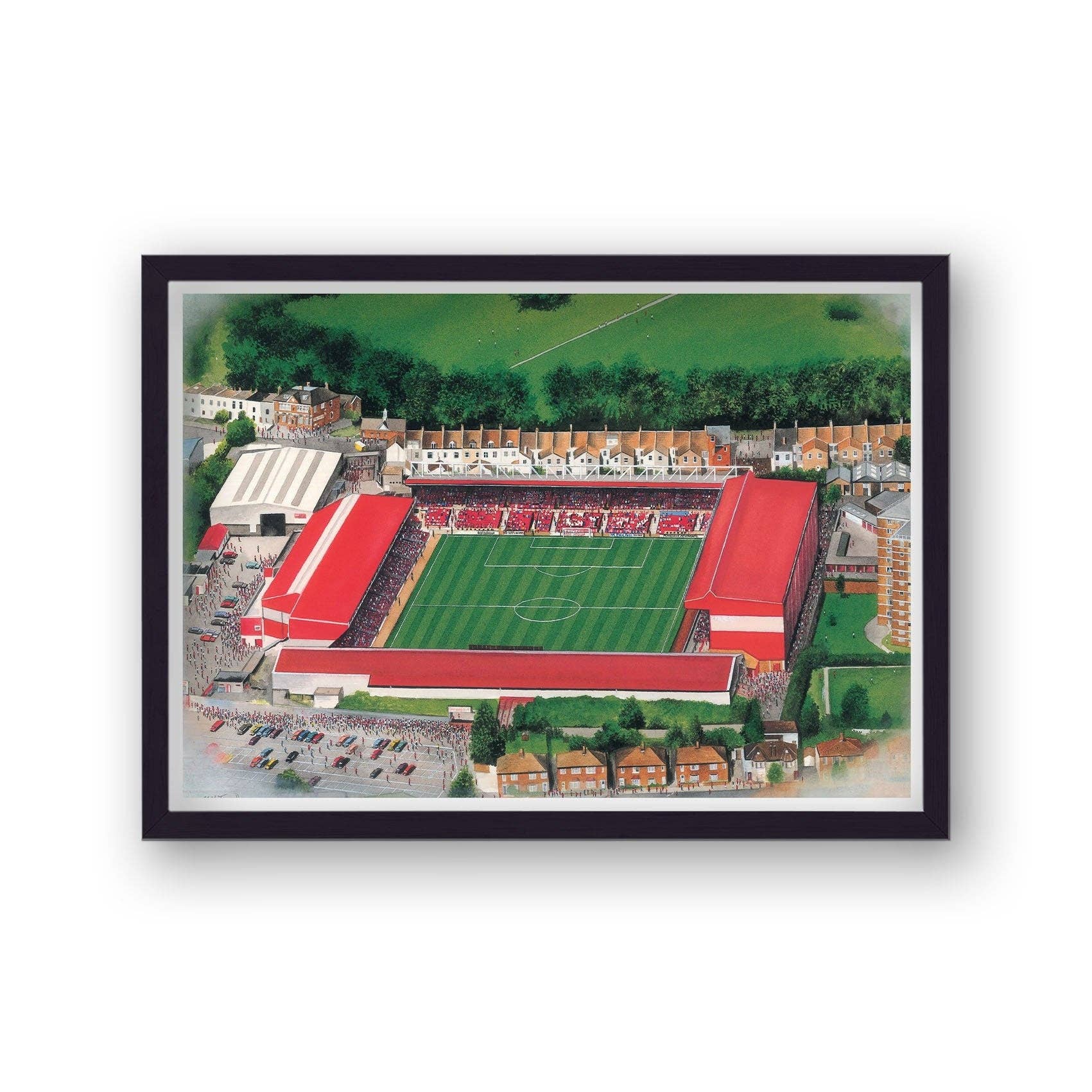 Framed artwork of a stadium with red roof and green field