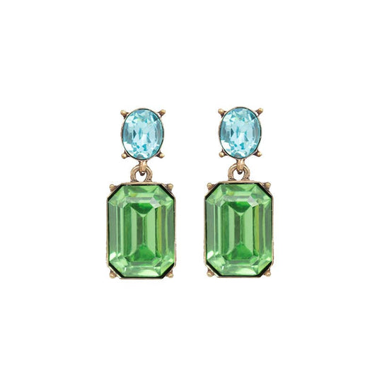 Pair of earrings with green and blue gemstones on a white background