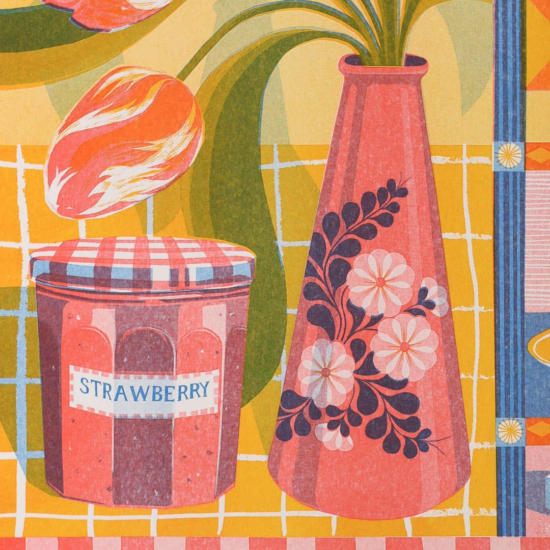 Teapot & Tulip | A3 Risograph Print, wall art | Kitchen, breakfast