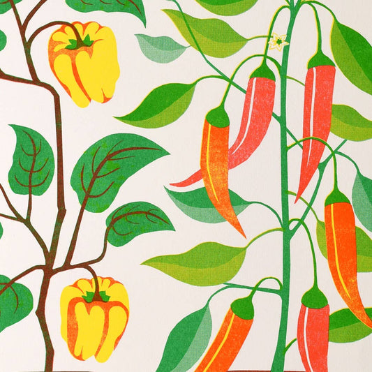Risograph print of chillis growing in tins.