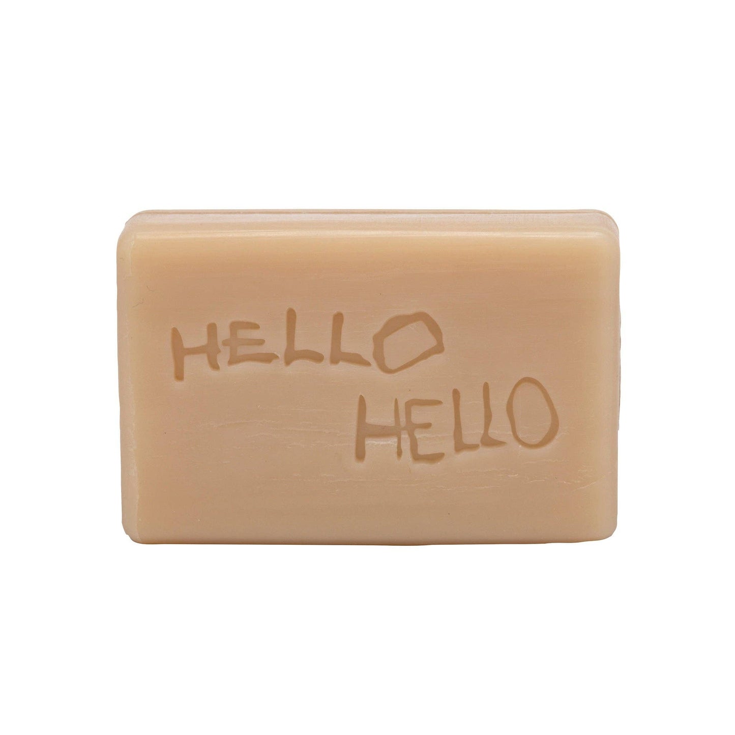 Bar of soap with 'HELLO' embossed on a white background