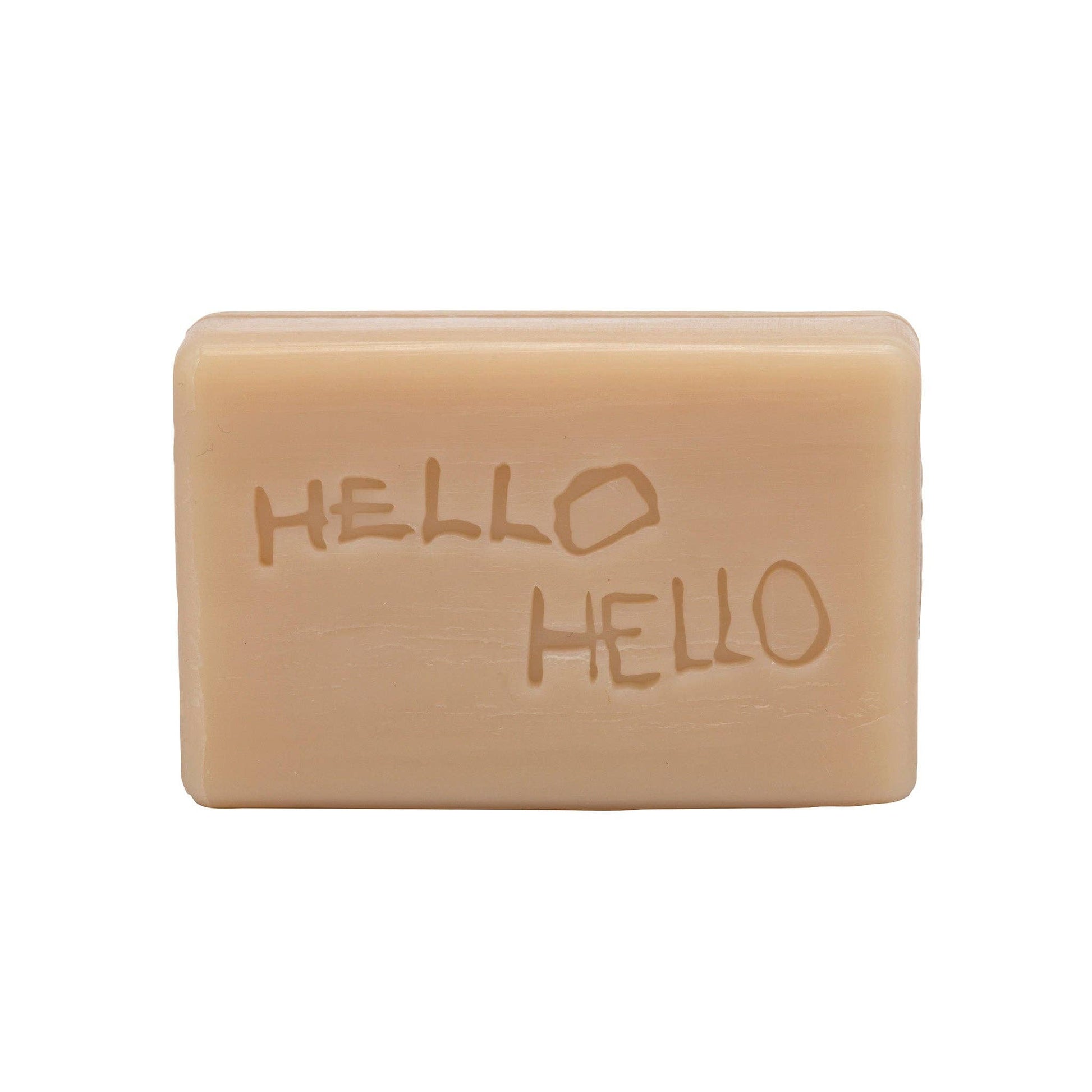 Bar of soap with 'HELLO' embossed on a white background
