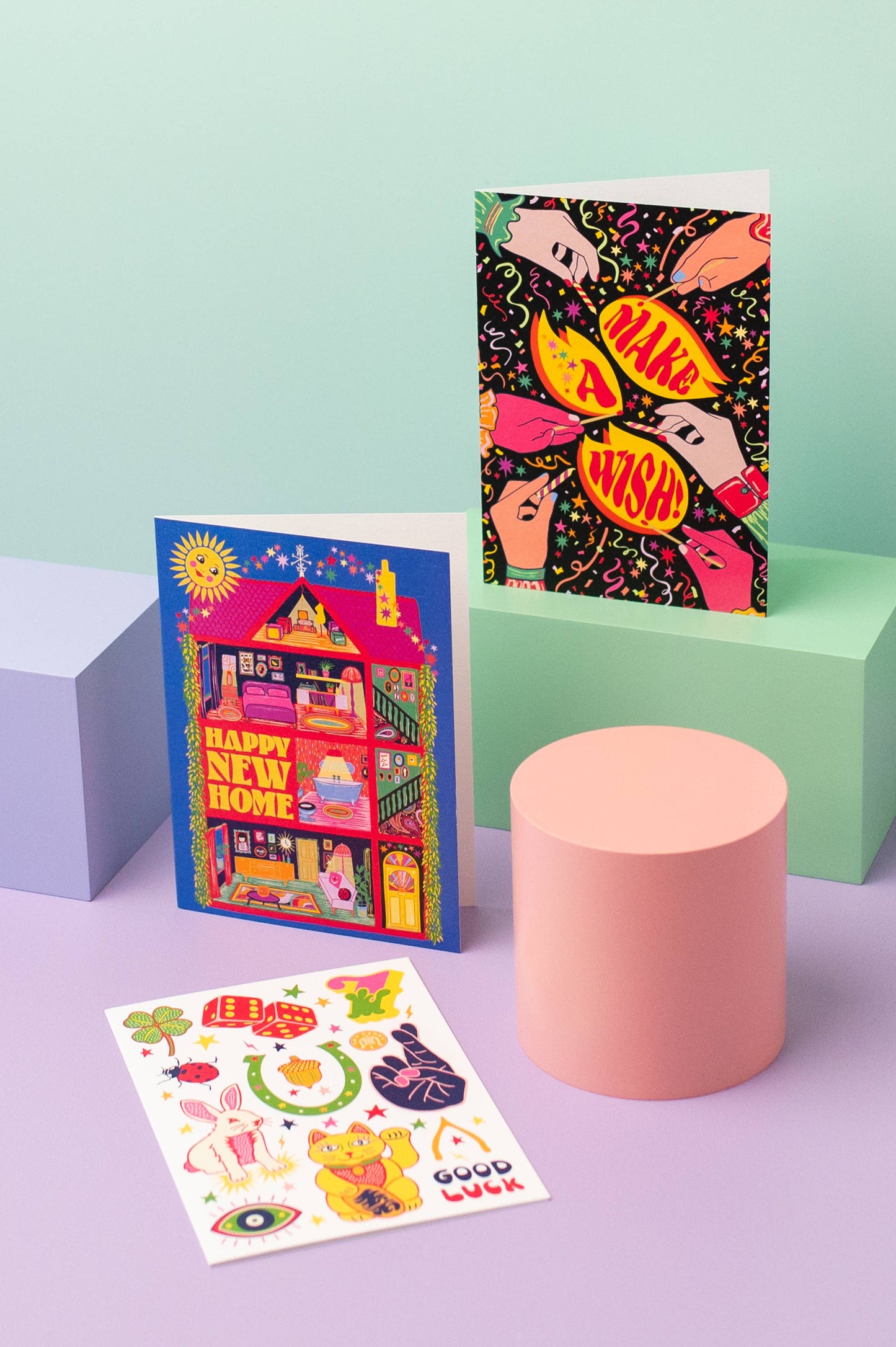 Vibrant new home card with a colourful dolls house. Card blank inside.