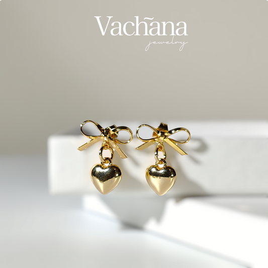 18K Gold Heart Bowknot Earrings