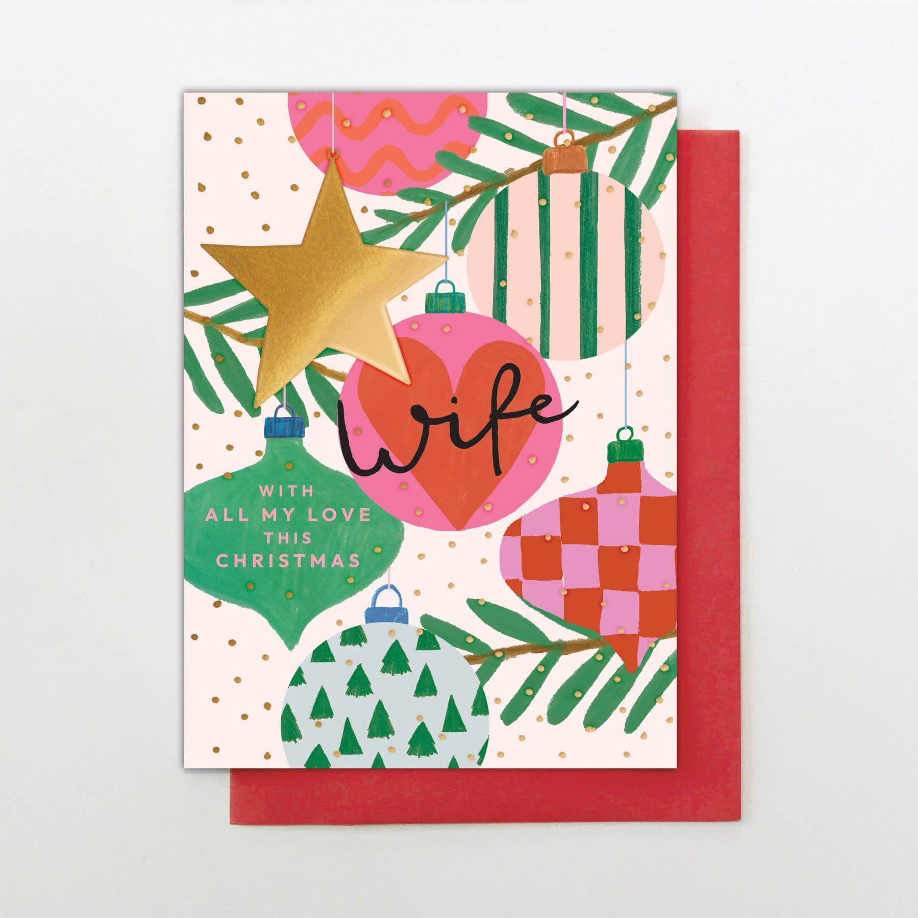 Christmas card with festive decorations and 'Wife' text on a white background