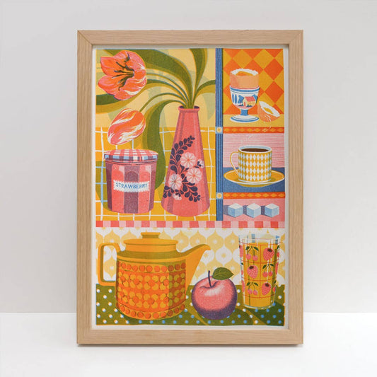 Teapot & Tulip | A3 Risograph Print, wall art | Kitchen, breakfast