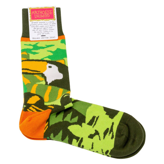 A single sock from Arthouse Unlimited featuring a colorful parrot and tropical leaf pattern in green, yellow, orange, and white, with a solid dark green cuff and toe.