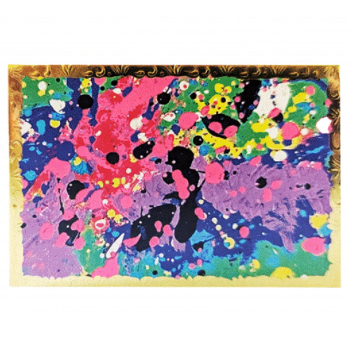 Colorful abstract painting with black silhouettes on a gold border