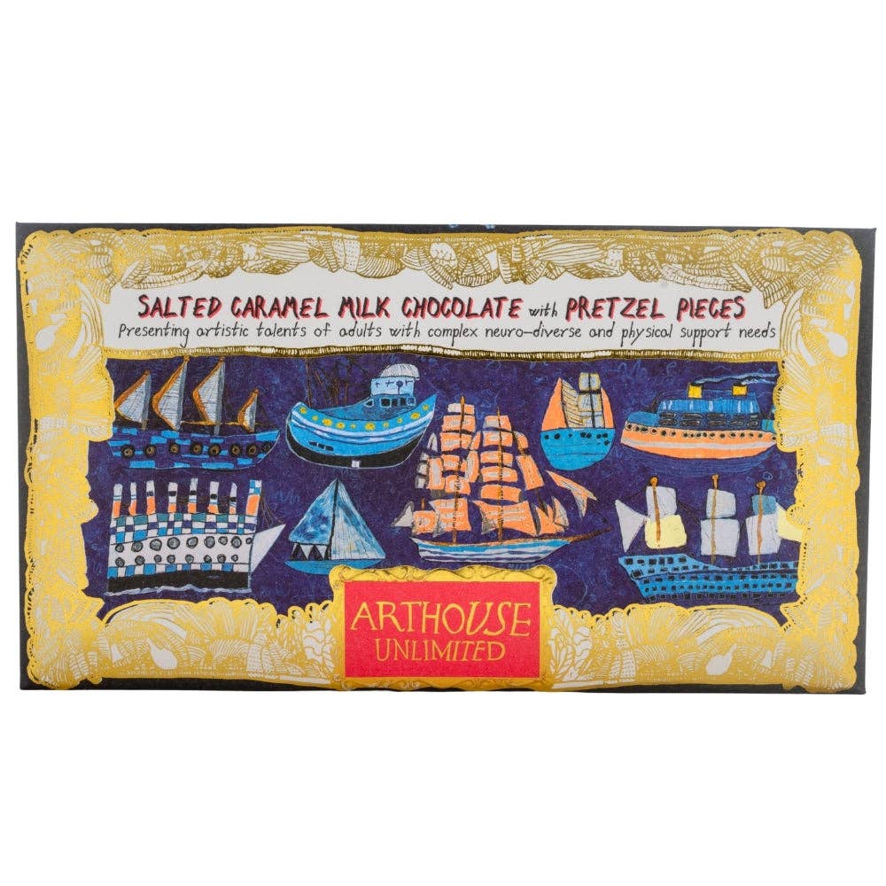 Chocolate bar packaging with ship illustrations and 'Arthouse Unlimited' branding
