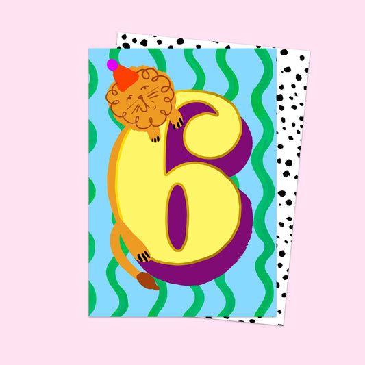 Colorful card with a lion and number '6' on a polka dot and wavy patterned background