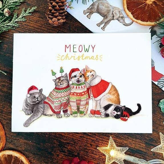 Cat Christmas card | Meowy Christmas Cards, Funny Christmas