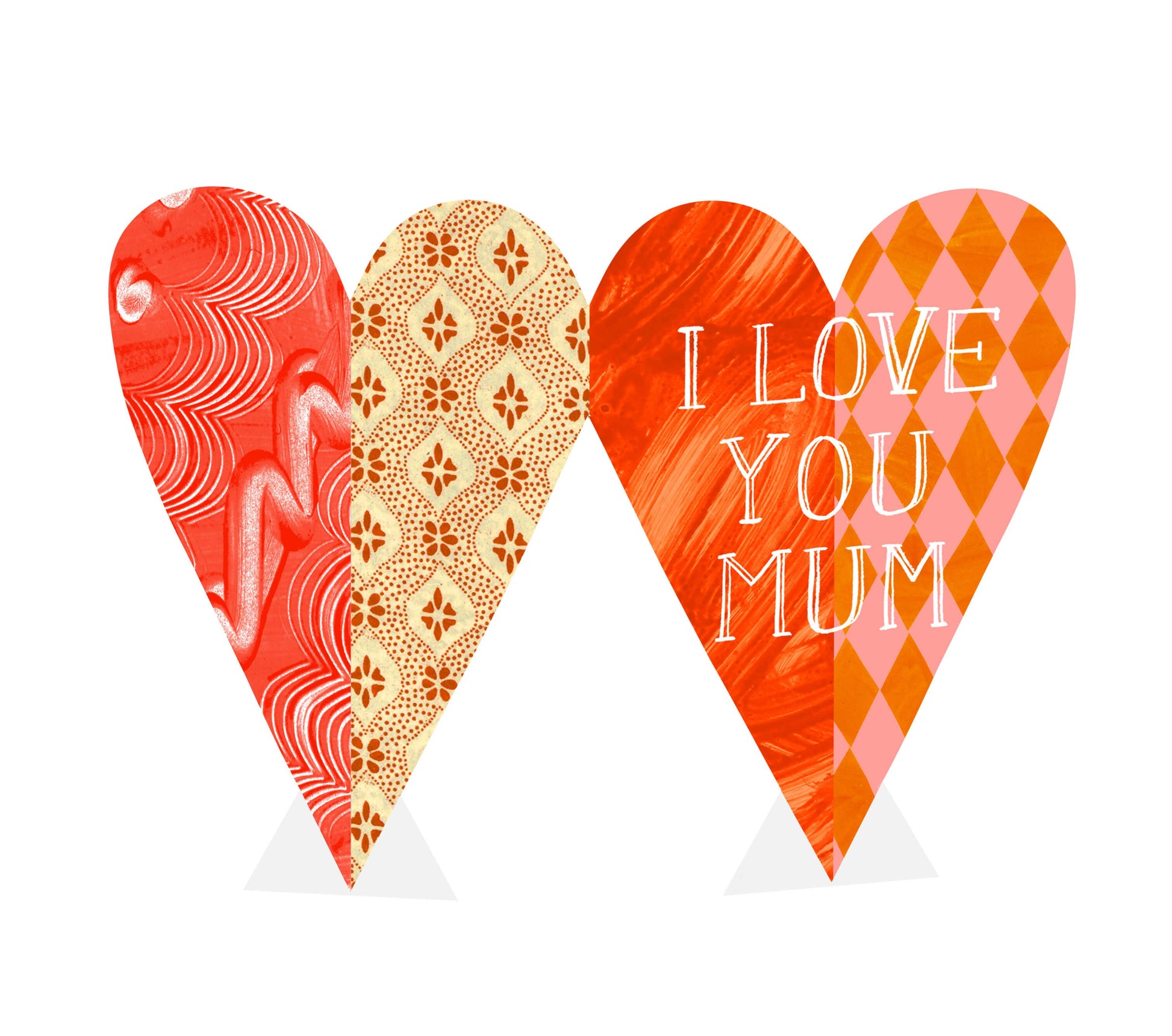 Four heart-shaped cards with different patterns and one saying 'I LOVE YOU MUM' on a white background.
