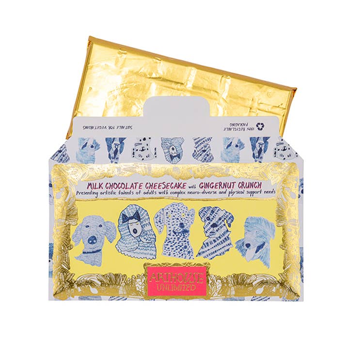 Chocolate bar with packaging featuring cartoon characters on a white background