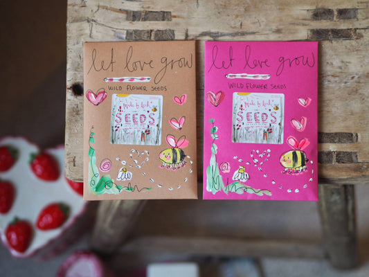 Two packages of wildflower seeds with illustrations and text on a wooden surface.