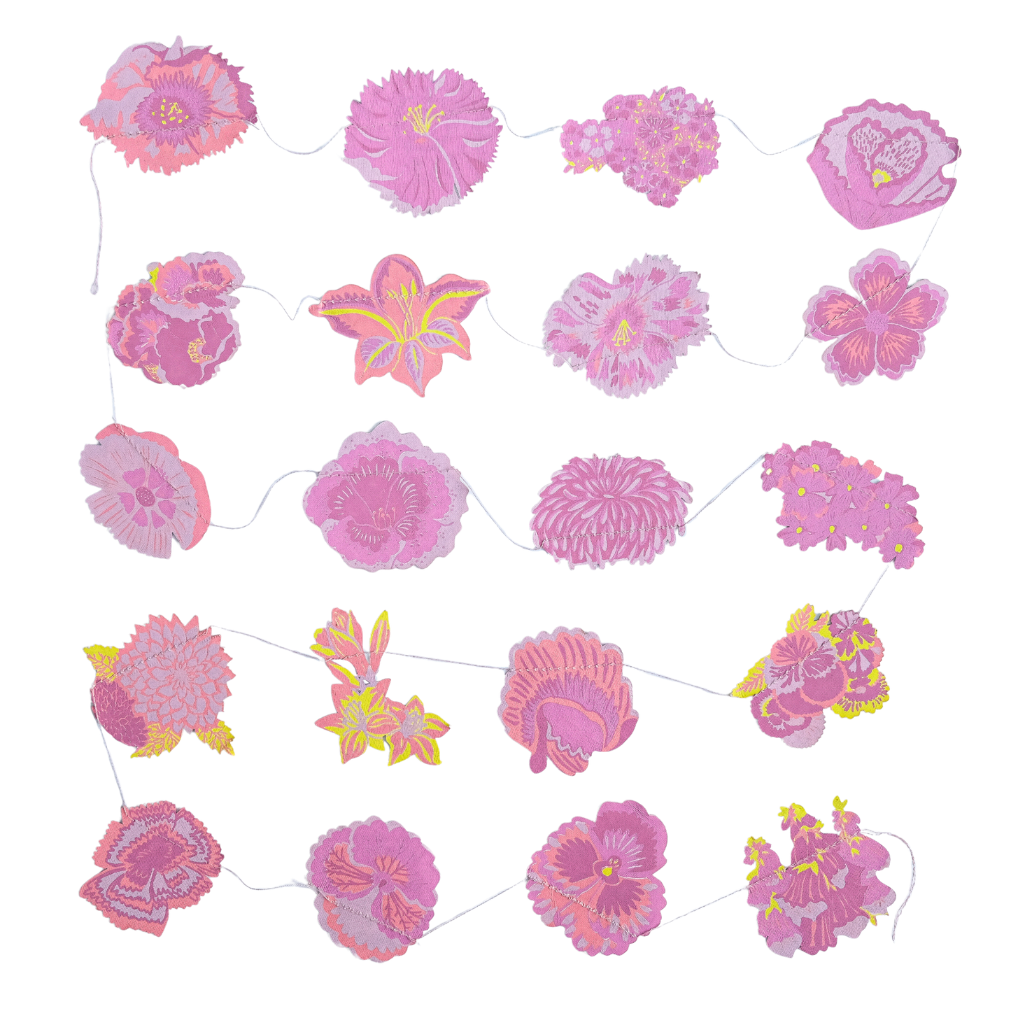 Decorative string with pink floral pom-poms on a white background