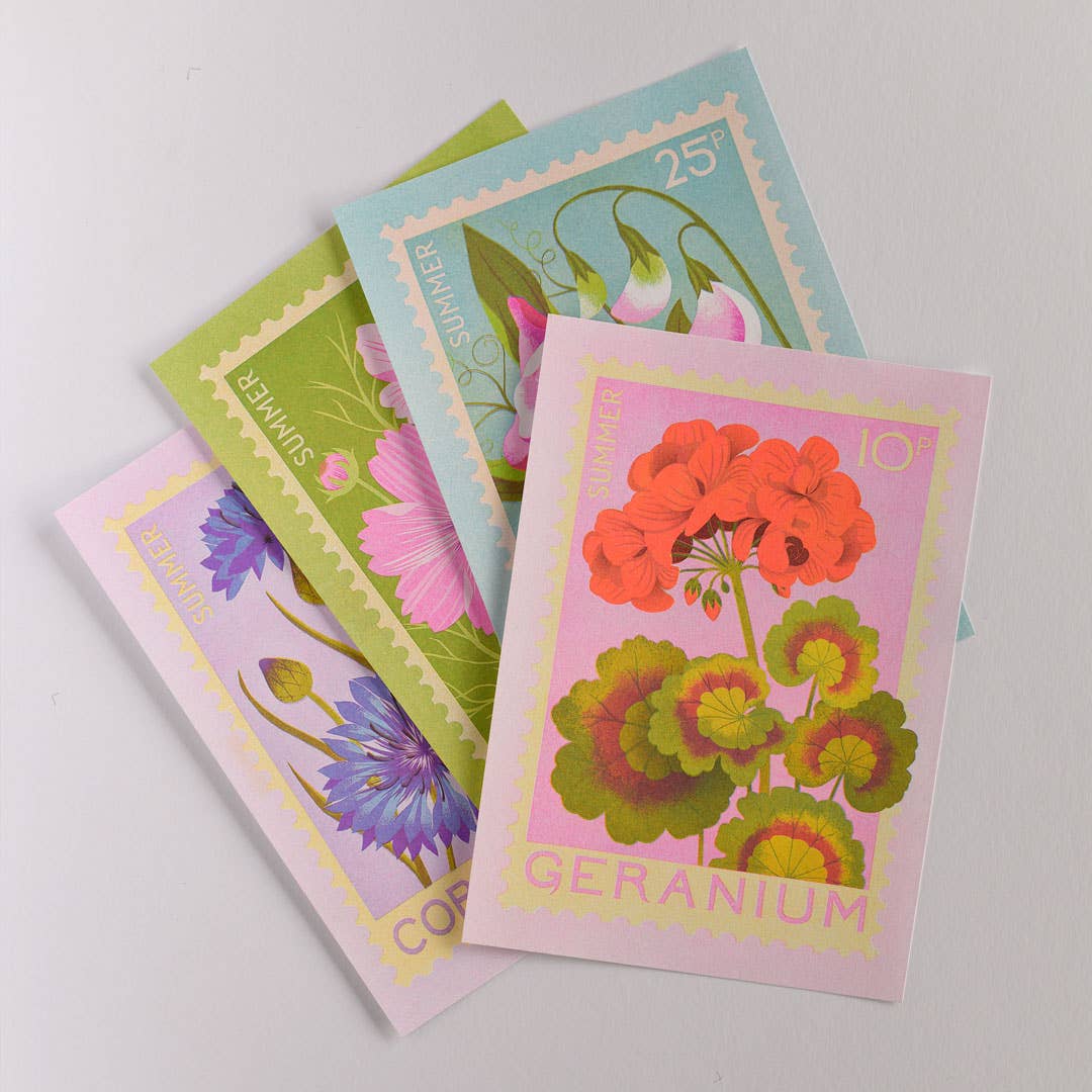 Risograph print of geranium on a postage stamp.