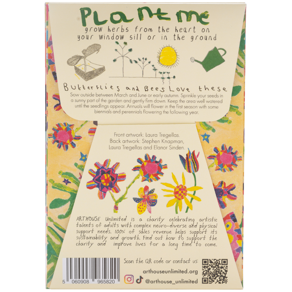 Back of a plant seed packet with colorful illustrations and text about planting herbs.