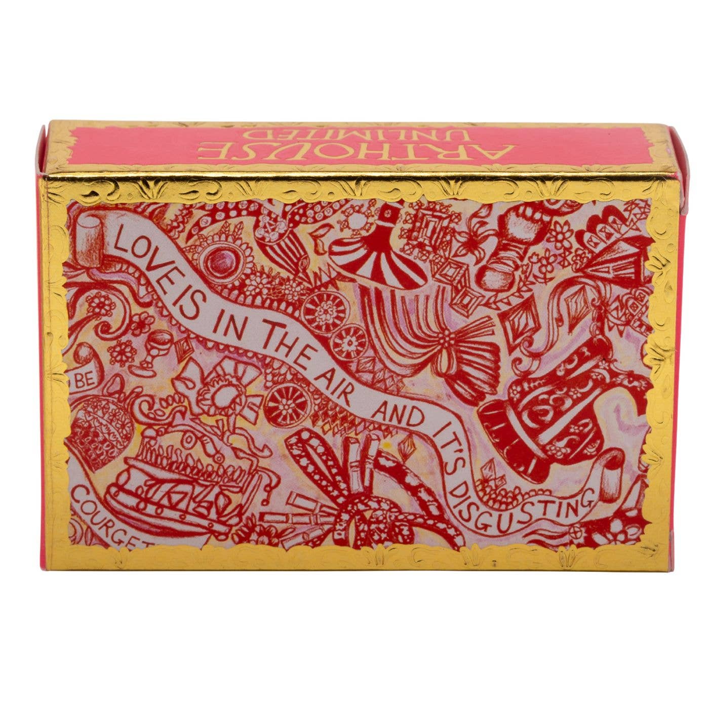 Decorative box with red and gold design and text on a white background