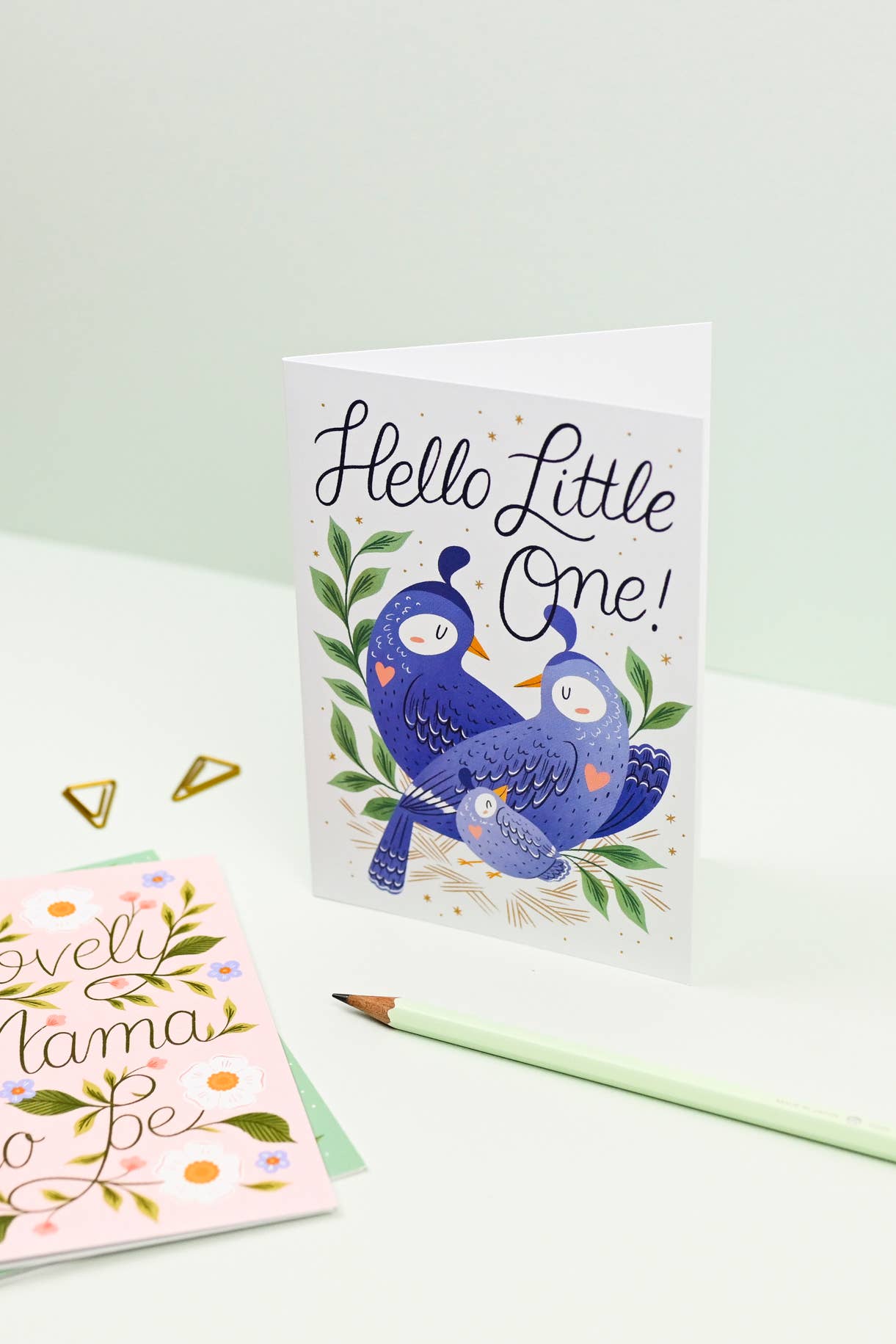 Hello Little One.  New Baby Card.  Love Birds with a baby bird.