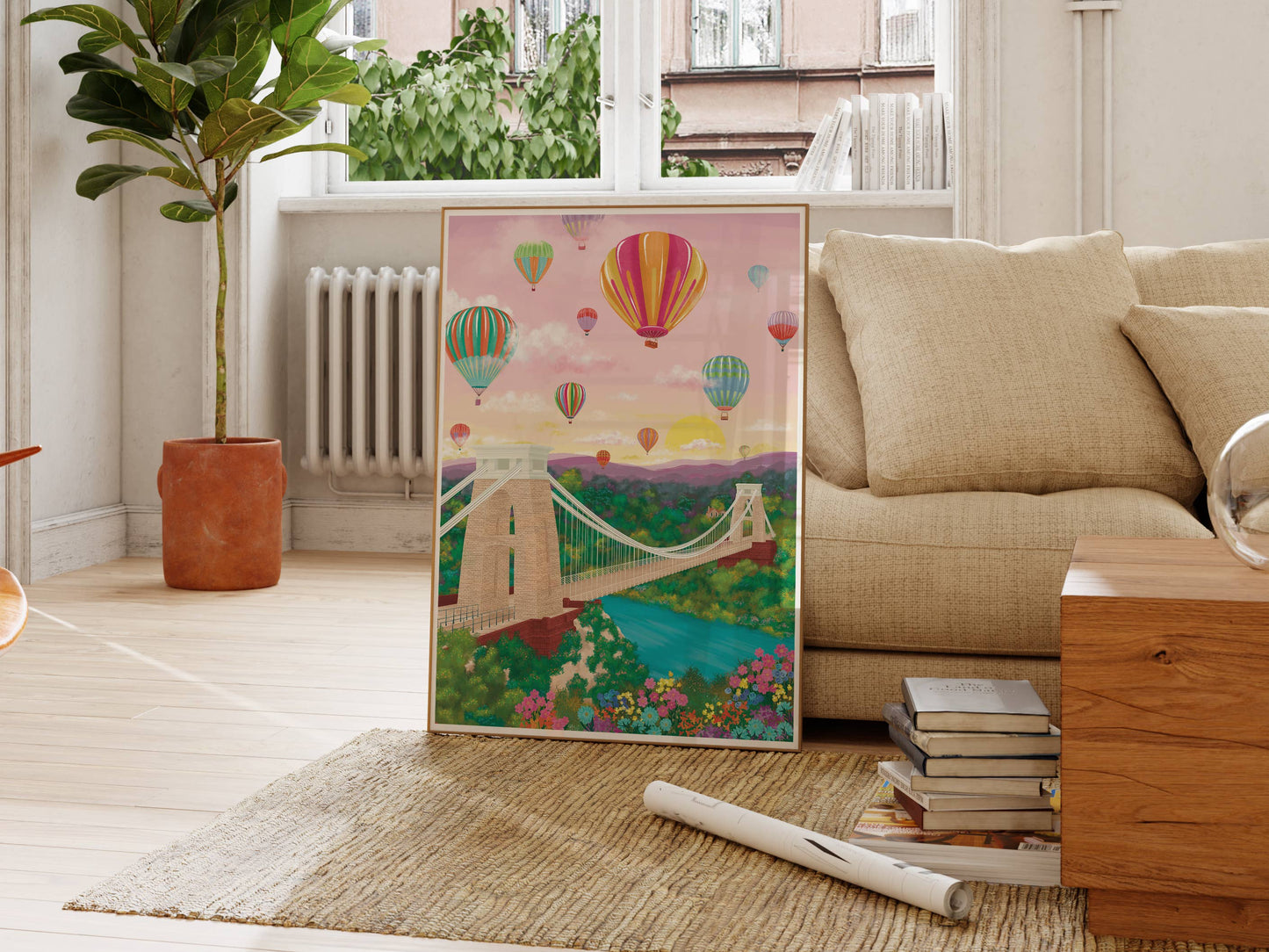 Colorful painting of hot air balloons and a bridge on a living room wall.