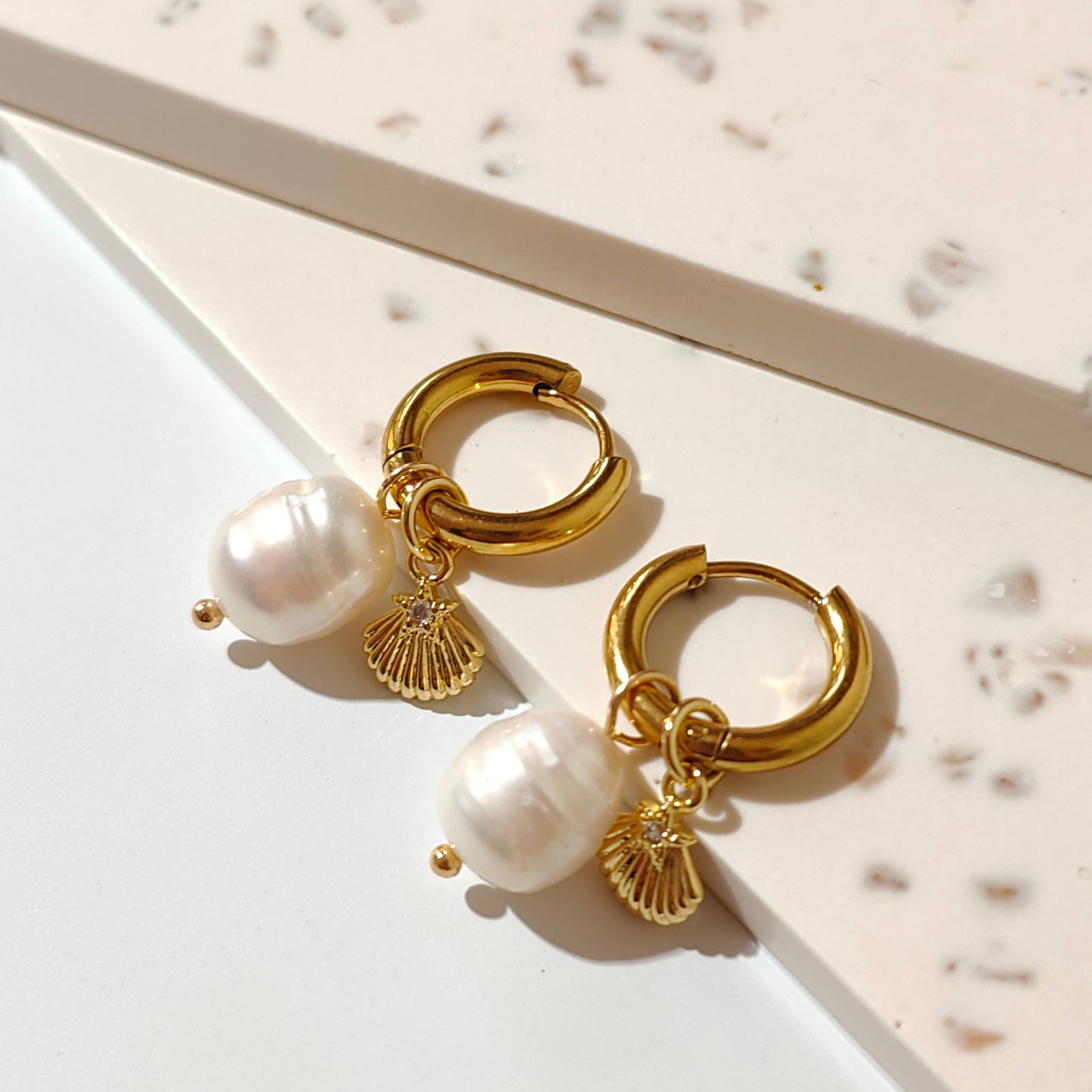 Chucky Pearl & Golden Scallop Hoop Earrings
