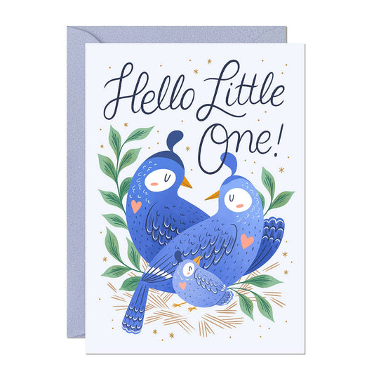 Hello Little One.  New Baby Card.  Love Birds with a baby bird.