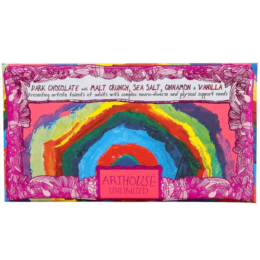Chocolate bar packaging with a colorful rainbow design and Arthouse Unlimited branding.