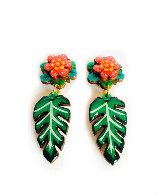 Tropical flower and leaf drop earrings, wood and resin brightly coloured.