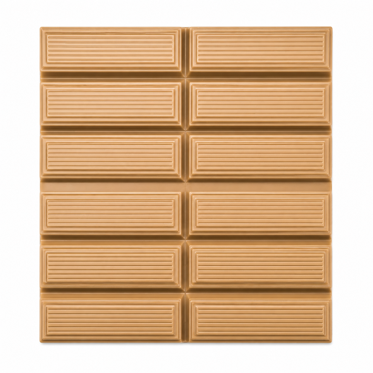 A square chocolate bar with a segmented grid design, featuring a warm caramel brown color and horizontal ridges, isolated on a white background.