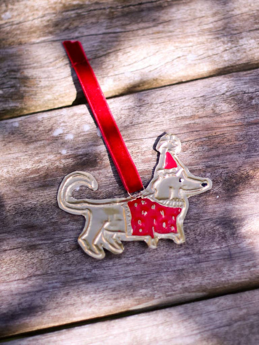 Christmas decoration, enamel detail Christmas sausage dog.