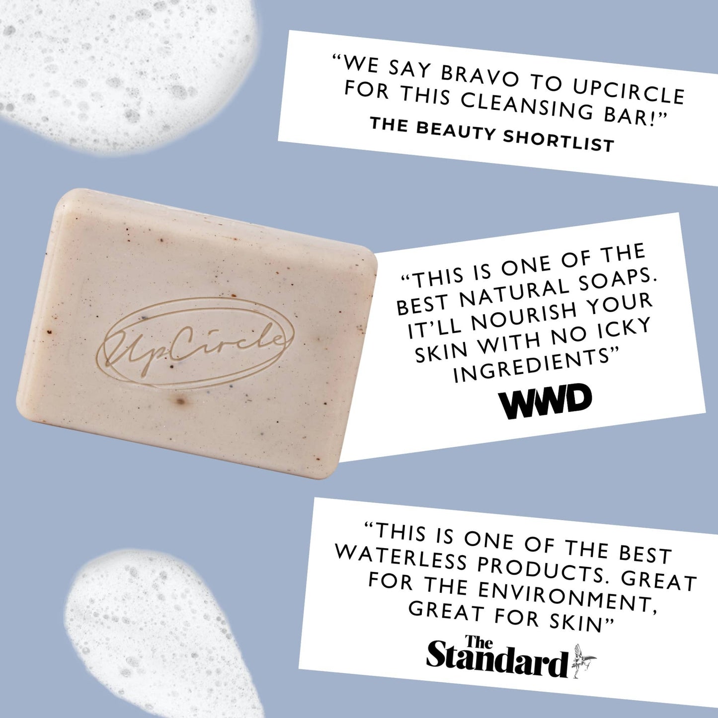 UpCircle cleansing bar with positive reviews on a blue background