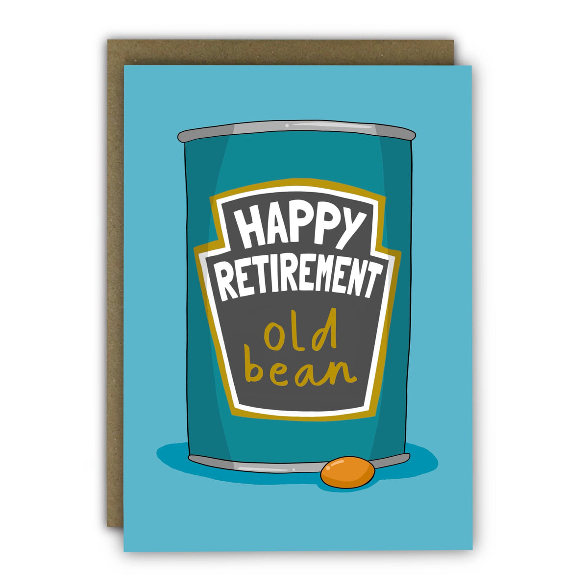 Greeting card with a can of 'Happy Retirement Old Bean' on a blue background