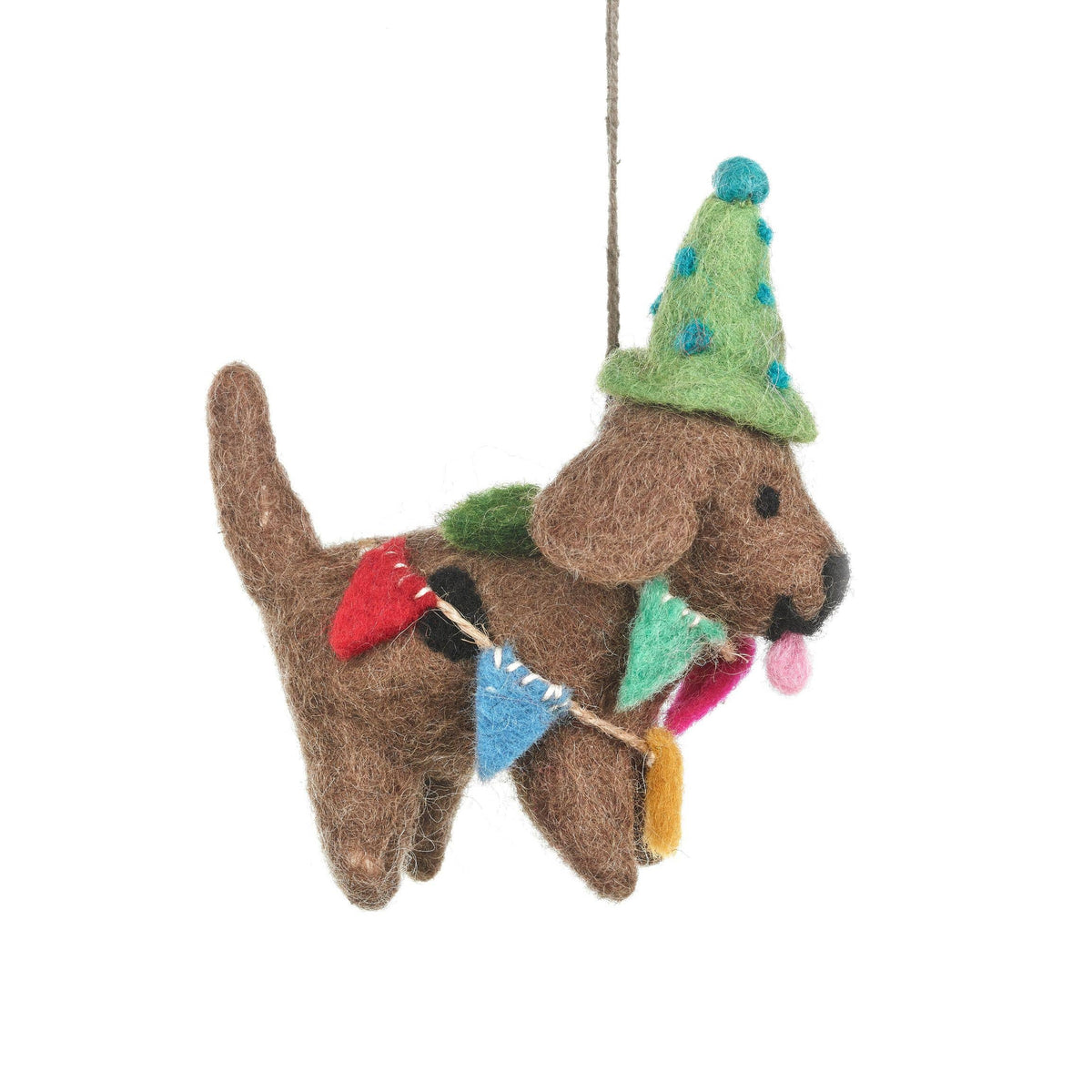 Felted dog ornament with colorful scarf and green tree hat on a white background