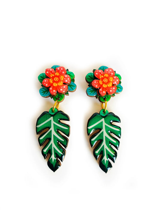 Tropical flower and leaf drop earrings, wood and resin brightly coloured.