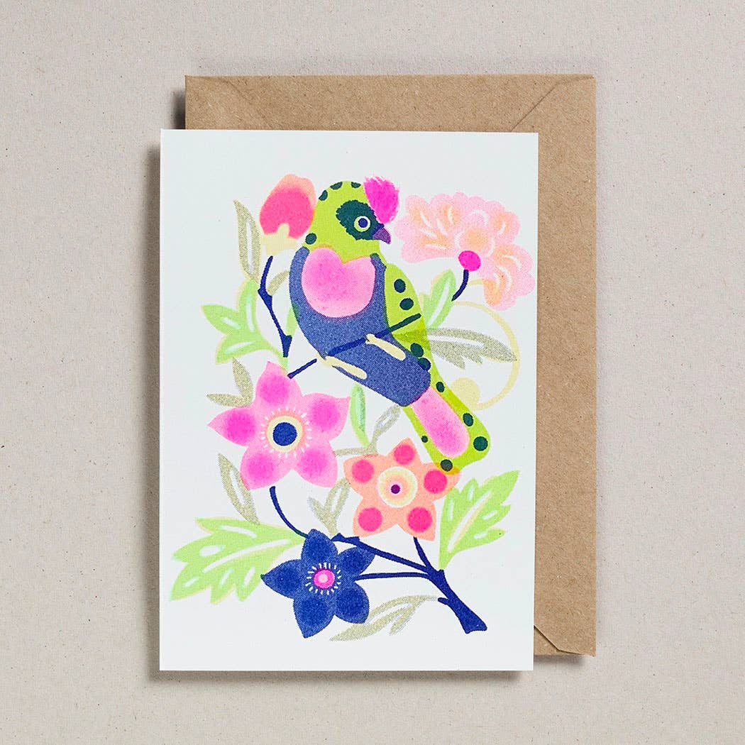 Fluorescent Cockatoo risograph print card