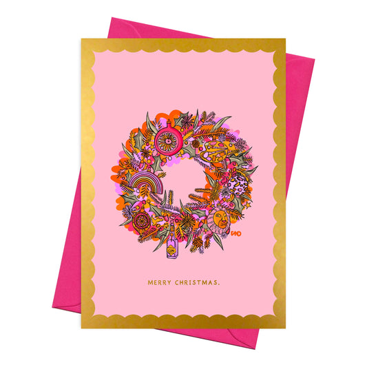 Bauble Wreath Christmas Card, Gold Foiled A6 Card