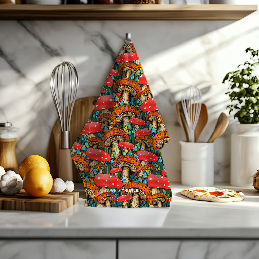 A kitchen towel with a colorful mushroom print hangs on a metal hook on a marble countertop, surrounded by kitchen items like a whisk, garlic, and a small pizza slice.